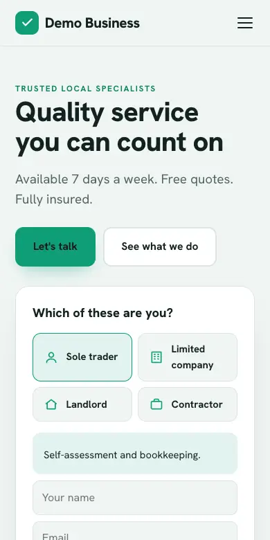 The Accountant design on a phone: an example accountant’s website asking which kind of client you are