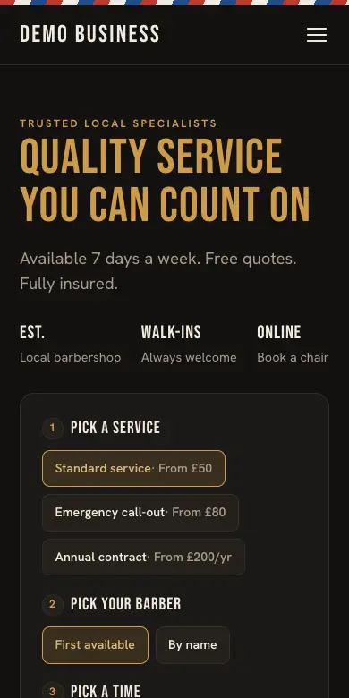 The Barber design on a phone: an example barbershop website with booking steps