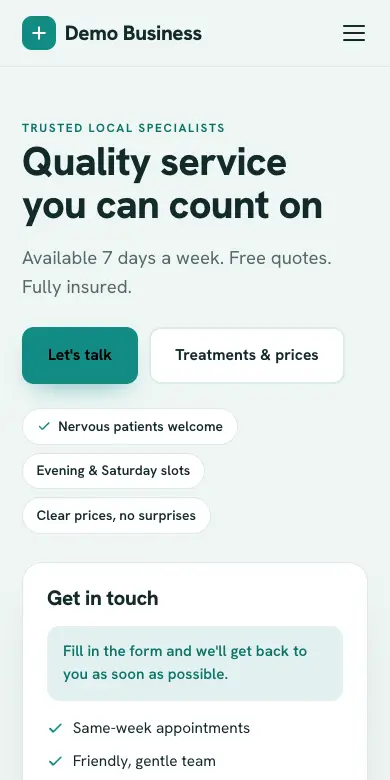 The Bright design on a phone: an example clinic website with treatments and prices