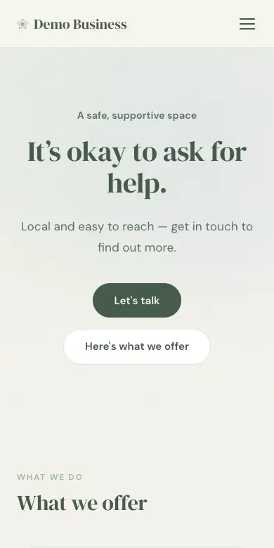The Calm design on a phone: an example counsellor’s website with a gentle headline