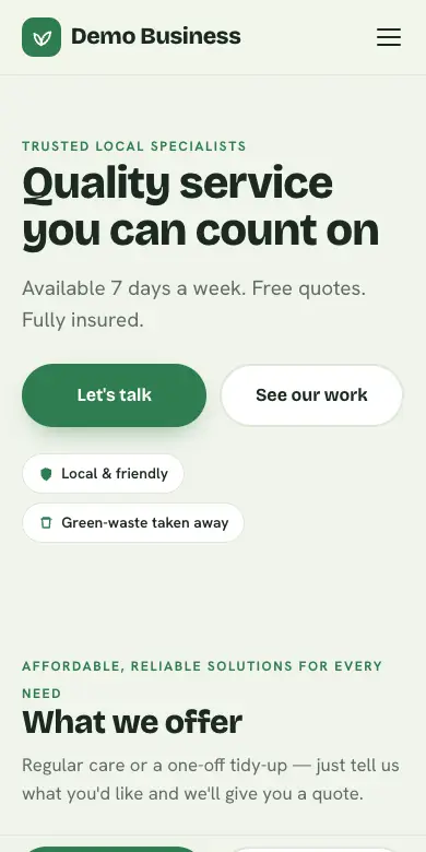 The Fernfield design on a phone: an example gardener’s website with a call button