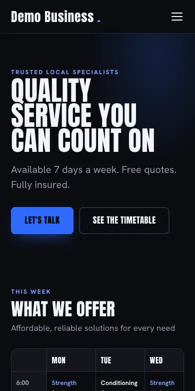 The Forge design on a phone: an example trainer’s website with a weekly class timetable