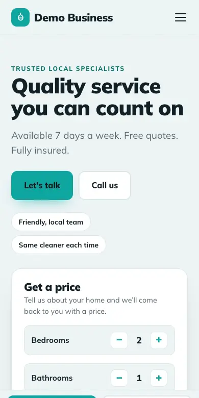 The Freshfold design on a phone: an example cleaner’s website with a quote form