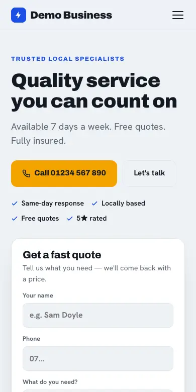 The Local Service design on a phone: an example electrician’s website with a quick-quote card