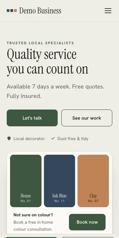The Marlowe design on a phone: an example decorator’s website with colour swatches