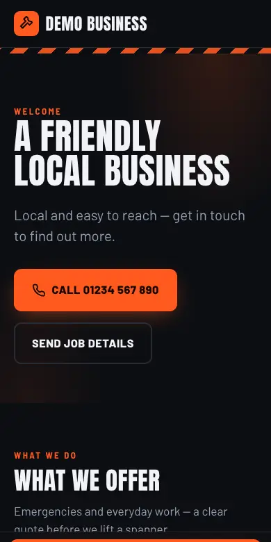 The Mercer design on a phone: an example plumber’s website with a call button
