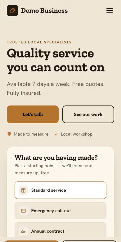 The Oakfield design on a phone: an example joiner’s website asking what you are having made