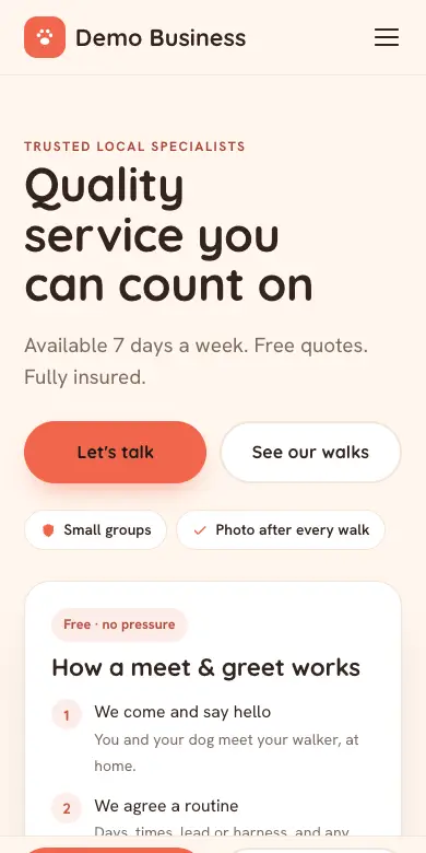 The Pack & Paws design on a phone: an example dog walker’s website