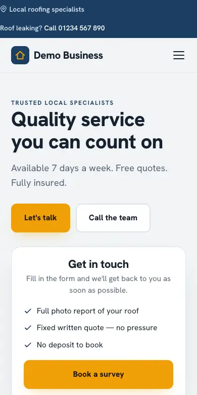 The Roofer design on a phone: an example roofer’s website with a call line at the top