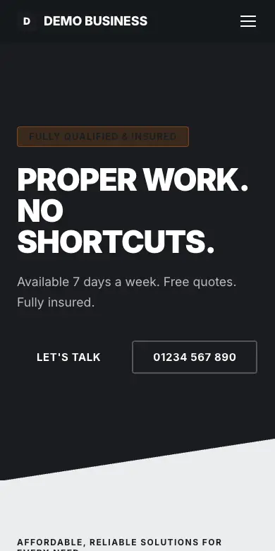 The Slate design on a phone: an example builder’s website with a call button