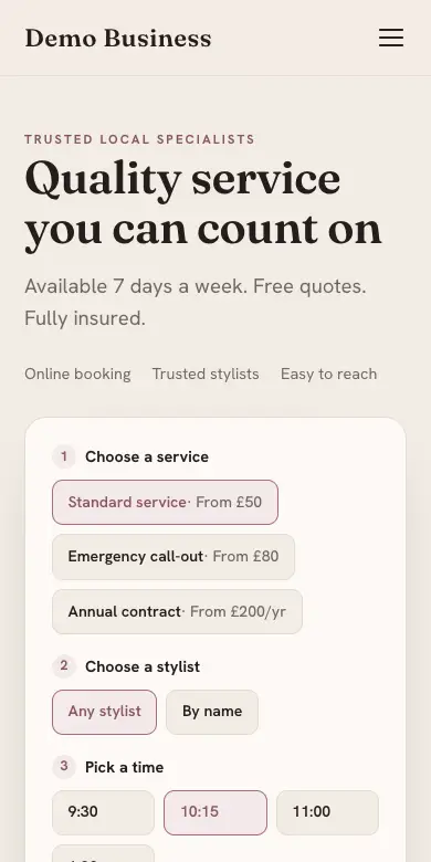 The Studio design on a phone: an example salon website with three booking steps